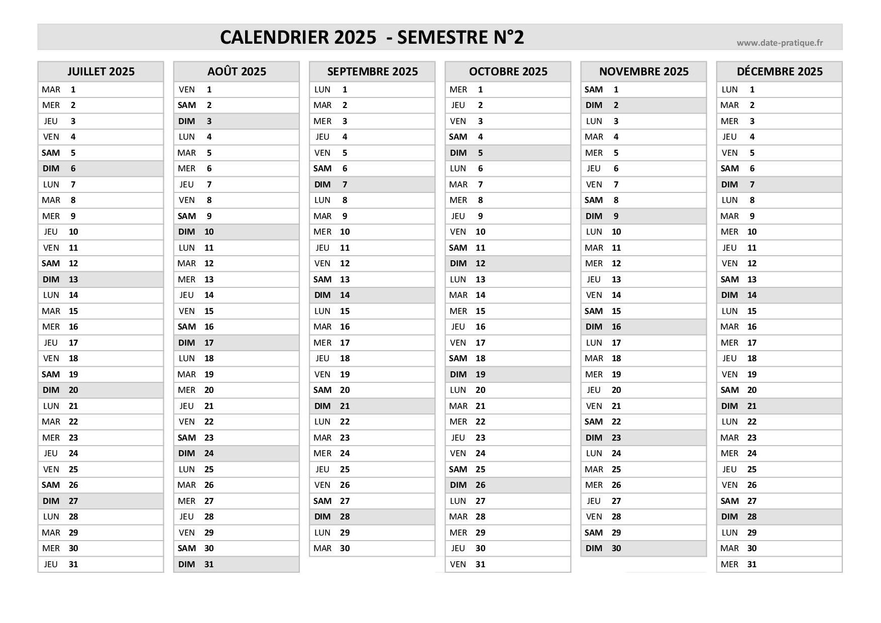 Calendrier Semestriel 2025 Consulter T l charger En Pdf Et Imprimer