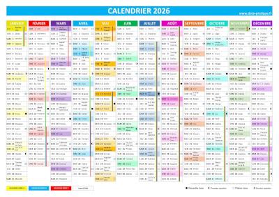 Calendrier 2026 avec vacances scolaires, jours fériés, fêtes.