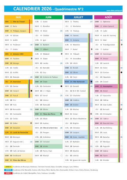 Calendrier 2026 quadrimestre N°2 : mois de mai, juin, juillet et Août 2026.