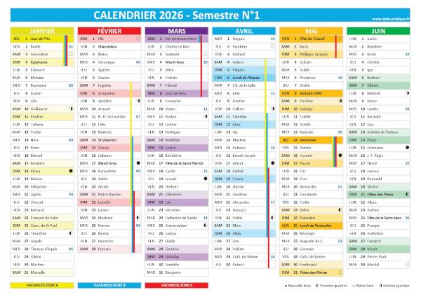 Calendrier 2026 à imprimer semestre 1.