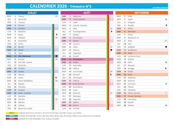 Calendrier 2026 trimestre N°3 : mois de juillet, août et septembre 2026.