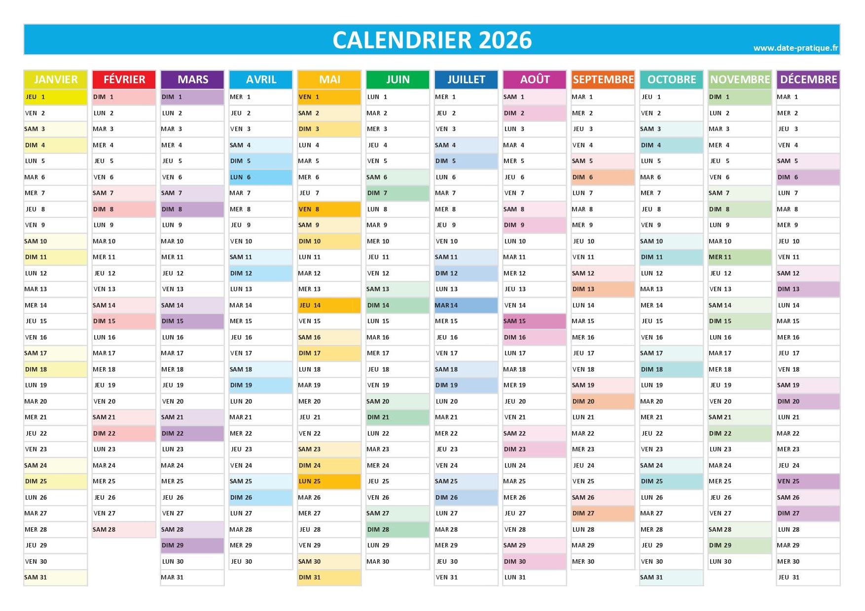  Calendrier 2026 Imprimer Date pratique fr