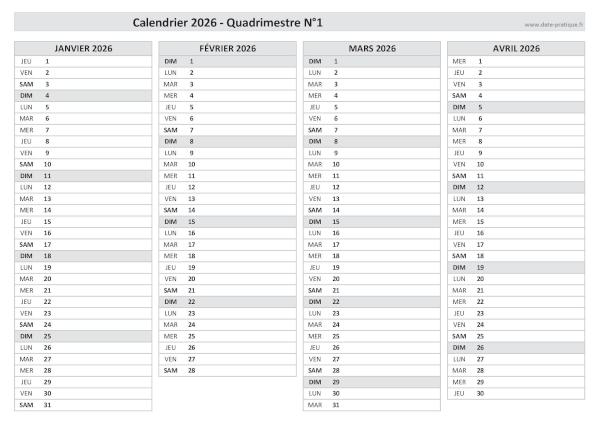 Calendrier 2026 vierge pour les mois de janvier, février, mars et avril 2026.
