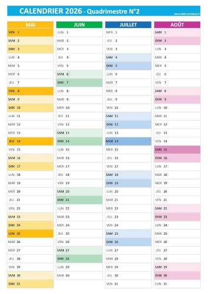 Calendrier 2026 vierge pour les mois de mai, juin, juillet, août 2026.