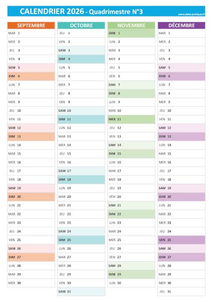 Calendrier 2026 vierge pour les mois de septembre, octobre, novembre, décembre 2026.