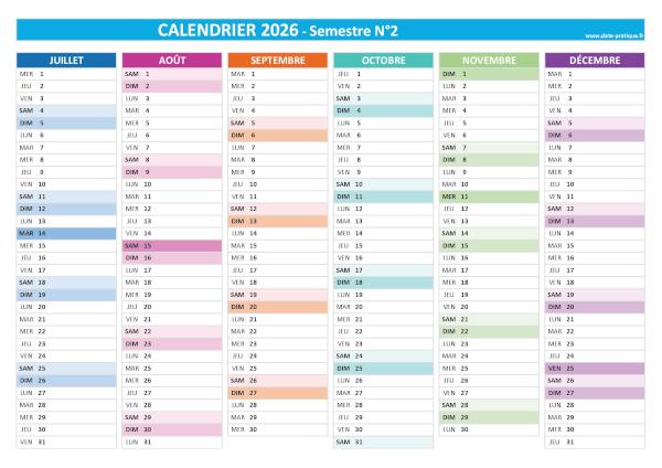 Calendrier 2026 vierge à imprimer - Semestre N°2.