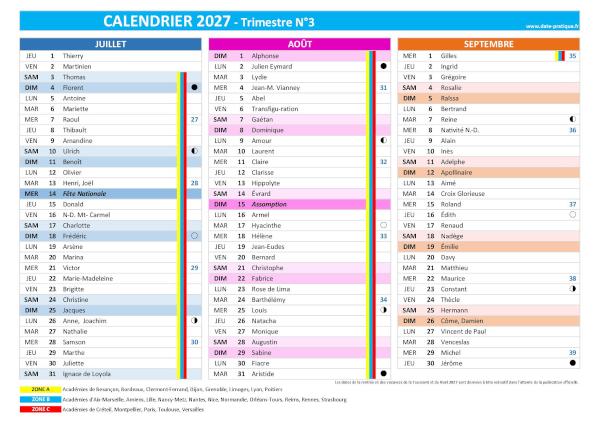 Calendrier 2027 trimestre N°3 : mois de juillet, août et septembre 2027.