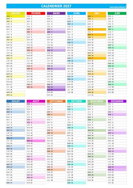 Calendrier 2027 vierge à imprimer, format A4 portrait.