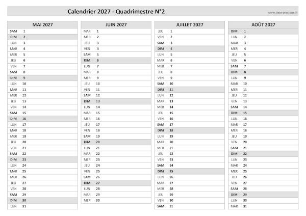Calendrier 2027 vierge pour les mois de mai, juin, juillet, août 2027.