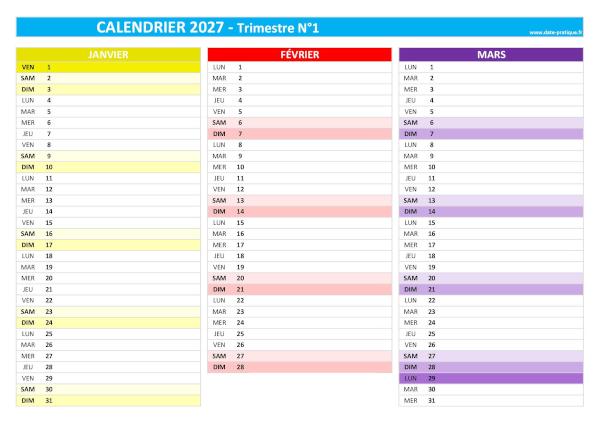 Calendrier 2027 vierge trimestre N°1 : mois de janvier, février et mars 2027.