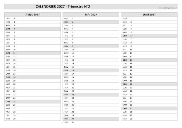 Calendrier vierge trimestre N°2 2027 : mois d'avril, mai et juin 2027.