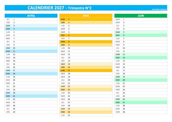Calendrier 2027 vierge trimestre N°2 : mois d'avril, mai et juin 2027.