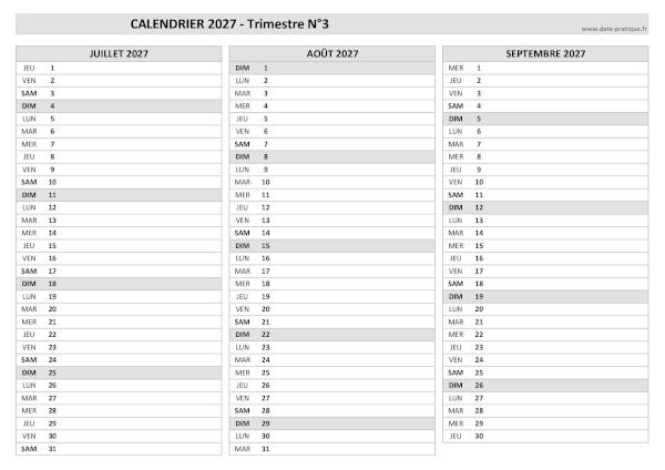 Calendrier vierge trimestre N°3 2027 : mois de juillet, août et septembre 2027.