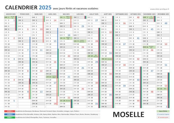 Calendrier 2025 avec jours fériés - Moselle