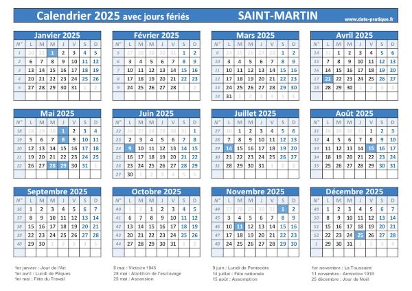Calendrier 2025 avec jours fériés à imprimer - Saint-Martin.
