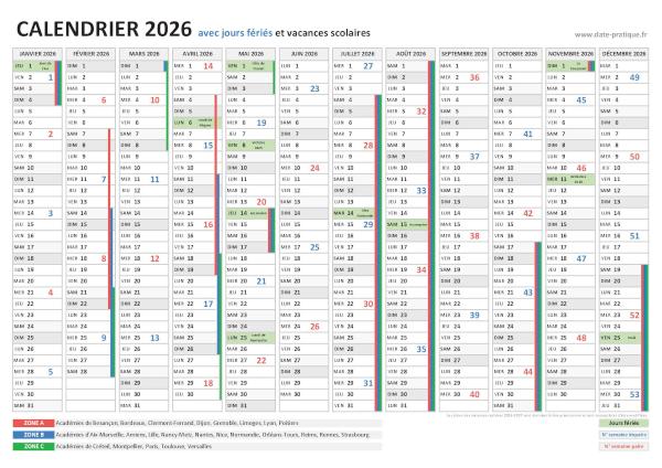 Calendrier 2026 avec jours fériés.