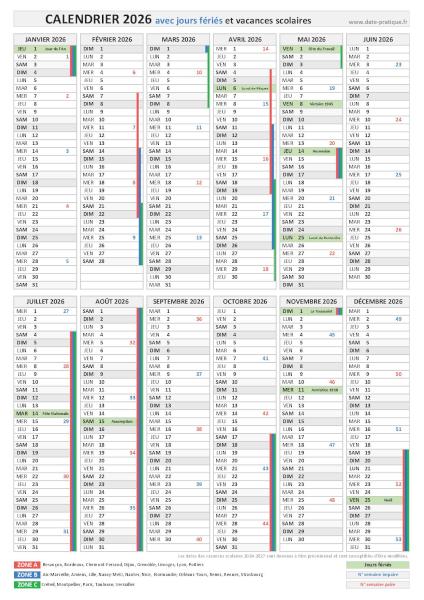 Calendrier 2026 avec jours fériés - Format portrait.