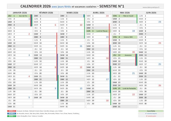 Calendrier 2026 avec jours fériés et vacances scolaires - Semestre N°1.