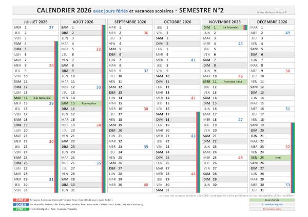 Calendrier 2026 avec jours fériés - Semestre N°2.