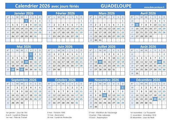 Calendrier 2026 avec les dates jours fériés pour la Guadeloupe