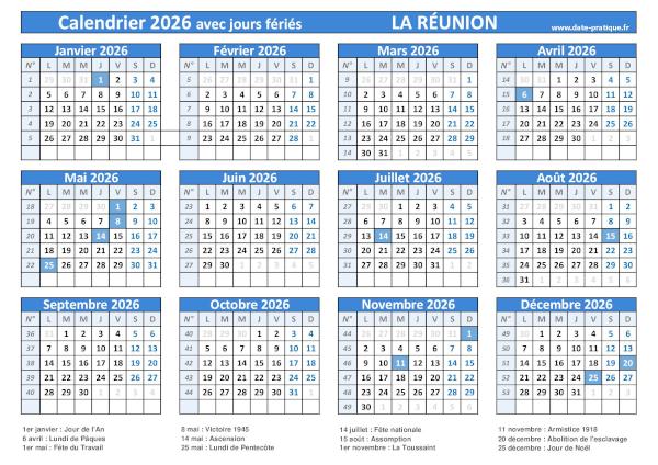 Calendrier 2026 avec les dates jours fériés pour La Réunion