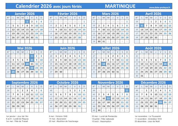 Calendrier 2026 avec les dates jours fériés pour la Martinique