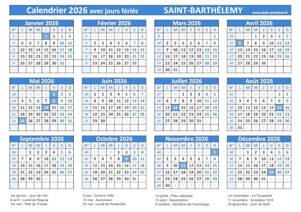 Calendrier 2026 avec les dates jours fériés pour Saint-Barthélemy