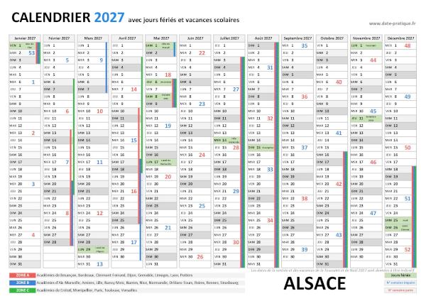 Calendrier 2027 avec jours fériés et vacances scolaires à imprimer - Alsace.