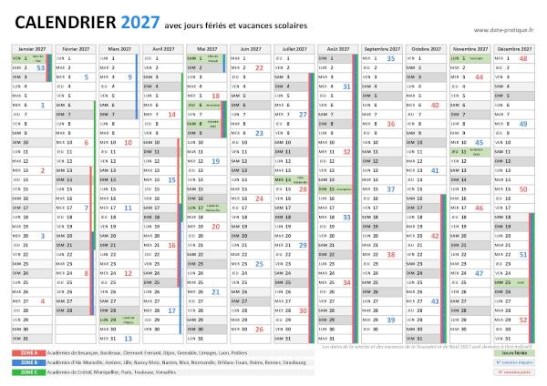 Calendrier 2027 avec jours fériés.