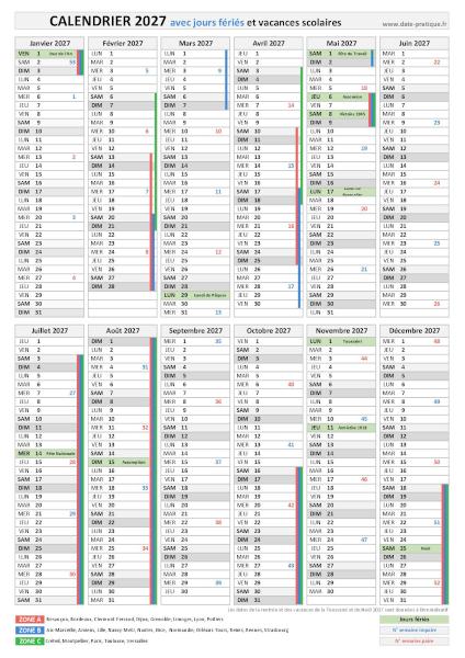 Calendrier 2027 avec jours fériés - Format portrait.