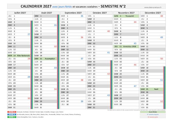 Calendrier 2027 semestriel : semestre N°2.