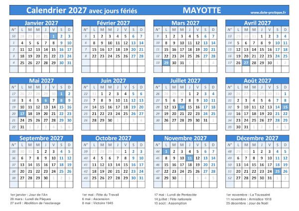 Calendrier 2027 avec jours fériés à imprimer - Mayotte.