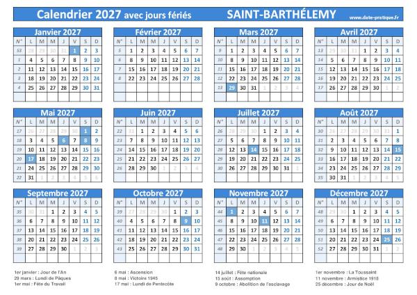 Calendrier 2027 avec jours fériés à imprimer - Saint-Barthélemy.