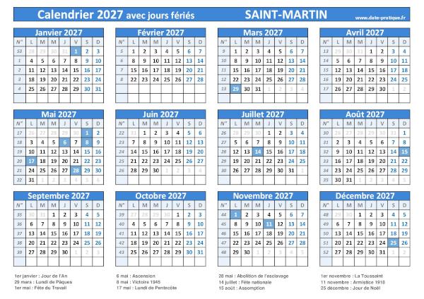 Calendrier 2027 avec jours fériés à imprimer - Saint-Martin.