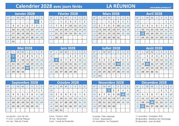 Calendrier 2028 avec jours fériés à imprimer - Réunion.