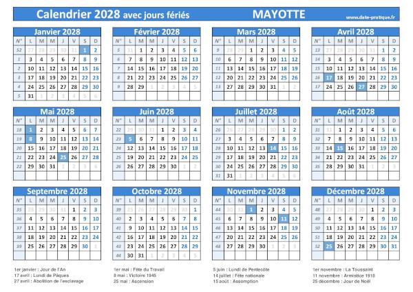 Calendrier 2028 avec jours fériés à imprimer - Mayotte.