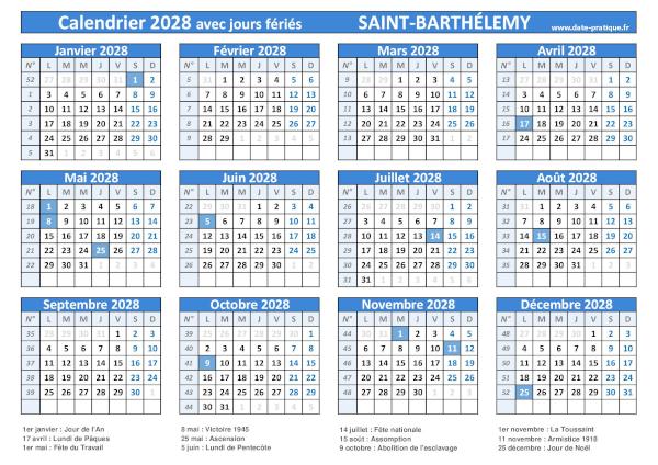 Calendrier 2028 avec jours fériés à imprimer - Saint-Barthélemy.
