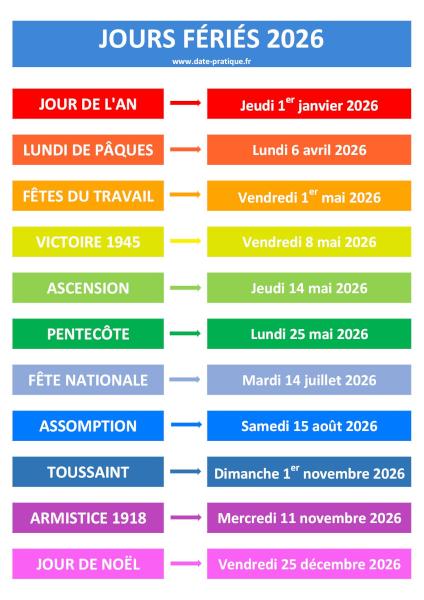 Dates et liste des jours fériés du calendrier 2026.
