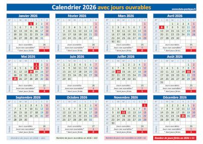 Calendrier 2026 avec les jours ouvrables et les jours fériés