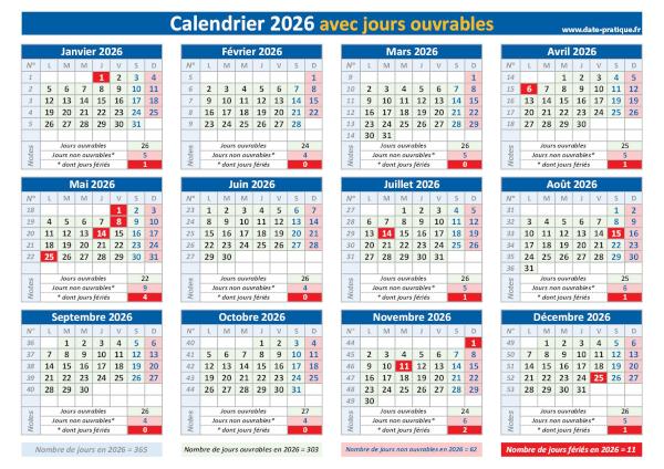 Calendrier 2026 avec les jours ouvrables à imprimer.