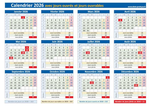 Calendrier 2026 avec les jours ouvrés et les jours ouvrables à imprimer.