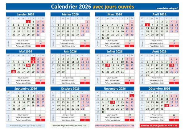 Calendrier 2026 avec les jours ouvrés à imprimer.