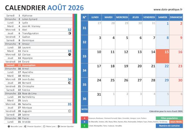 Calendrier de août 2026 avec une double vue claire et colorée, incluant les jours fériés, fêtes populaires, saints du jour, vacances scolaires, phases lunaires et numéros de semaine.