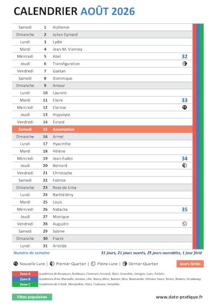 Calendrier mensuel d'Août 2026 avec saints, fêtes, jours fériés, vacances scolaires, numéros de semaine et phases lunaires à télécharger gratuitement.