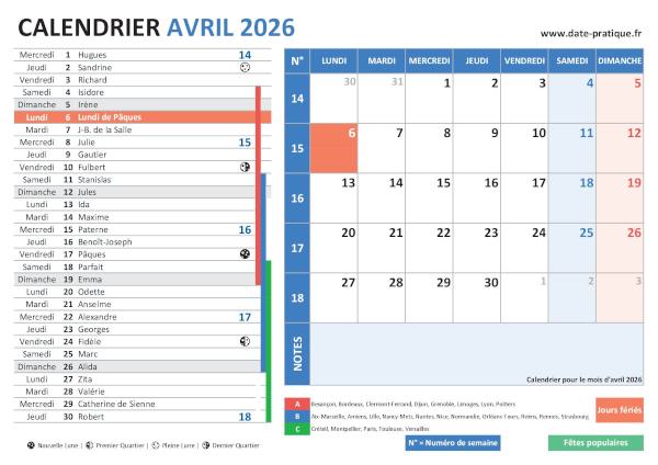 Calendrier d'Avril 2026 avec une double vue claire et colorée, incluant les jours fériés, fêtes populaires, saints du jour, vacances scolaires, phases lunaires et numéros de semaine.