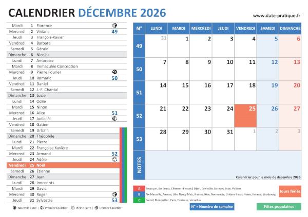Calendrier de Décembre 2026 avec une double vue claire et colorée, incluant les jours fériés, fêtes populaires, saints du jour, vacances scolaires, phases lunaires et numéros de semaine.