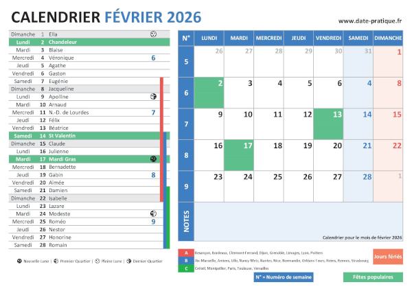 Calendrier de Février 2026 avec une double vue claire et colorée, incluant les jours fériés, fêtes populaires, saints du jour, vacances scolaires, phases lunaires et numéros de semaine.