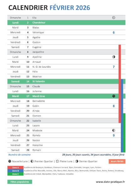 Calendrier mensuel de Février 2026 avec saints, fêtes, jours fériés, vacances scolaires, numéros de semaine et phases lunaires à télécharger gratuitement.