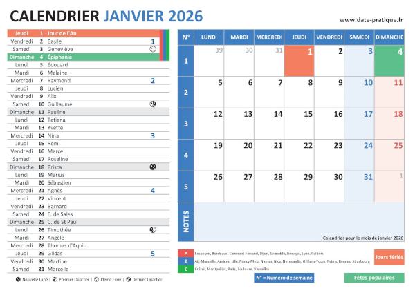 Calendrier de janvier 2026 avec une double vue claire et colorée, incluant les jours fériés, fêtes populaires, saints du jour, vacances scolaires, phases lunaires et numéros de semaine.