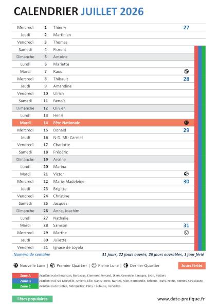 Calendrier mensuel de Juillet 2026 avec saints, fêtes, jours fériés, vacances scolaires, numéros de semaine et phases lunaires à télécharger gratuitement.